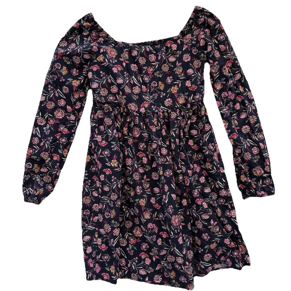 Gap Kids Floral Dress Girls XL 14/16 Navy Blue Smocked Long Sleeve Boho‎ Square